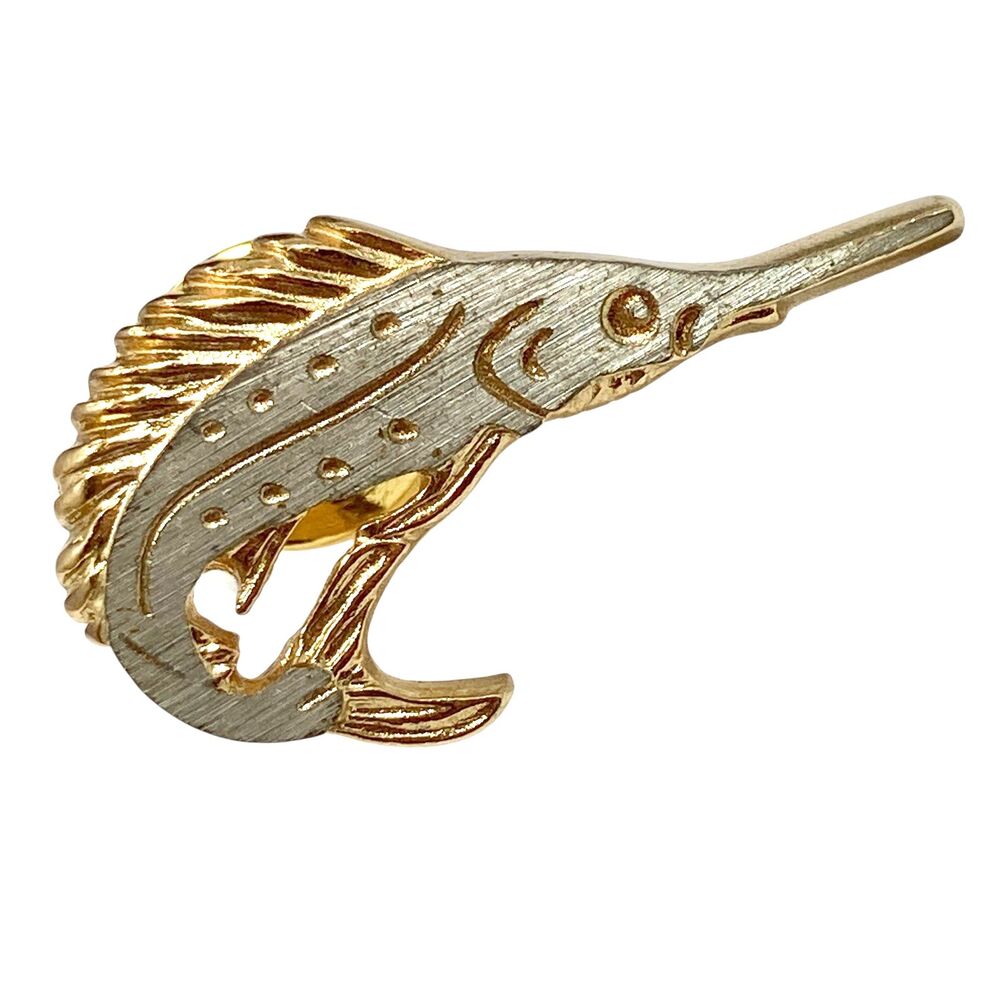 Vintage Sailfish Swordfish Mens Tie Tac Pin Two Tone Silver Gold Fish Nautical